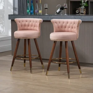 Lot de 2 tabourets de bar pivotants 55.5x51x95.5cm, avec dossier et repose-pieds, hauteur fixe de 360 degrés, rose