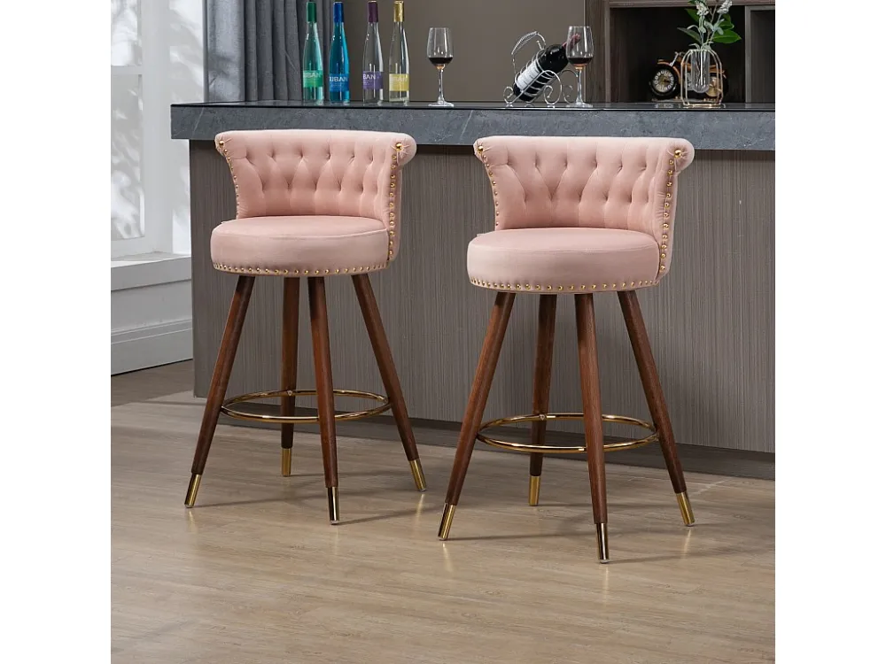 Lot de 2 tabourets de bar pivotants 55.5x51x95.5cm, avec dossier et repose-pieds, hauteur fixe de 360 degrés, rose