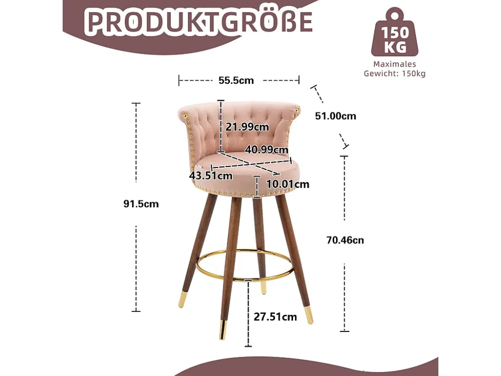 Lot de 2 tabourets de bar pivotants 55.5x51x95.5cm, avec dossier et repose-pieds, hauteur fixe de 360 degrés, rose