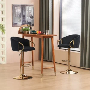 Lot de 2 tabourets de bar, rotatif, réglable en hauteur, tabouret élévateur avec dossier central et repose-pieds doré, noir