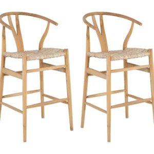 Set van 2 barkrukken teak en stro - Naturel - POGIANA