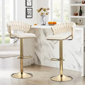 Set van 2 fluwelen barkrukken barstoel met gouden poten, ergonomisch ontwerp, voor restaurants, cafés, bar, beige