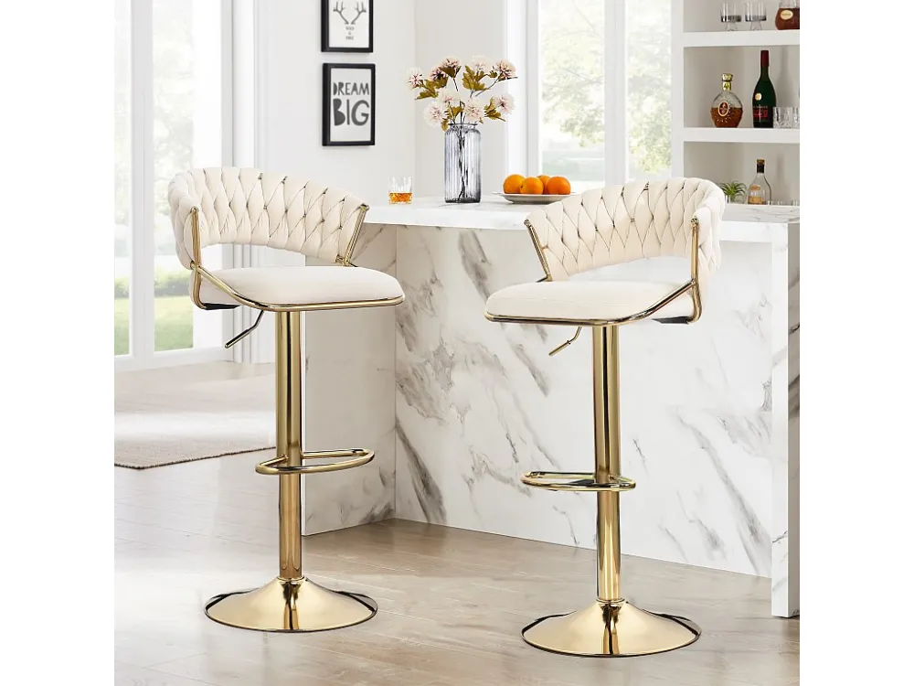 Set van 2 fluwelen barkrukken barstoel met gouden poten, ergonomisch ontwerp, voor restaurants, cafés, bar, beige