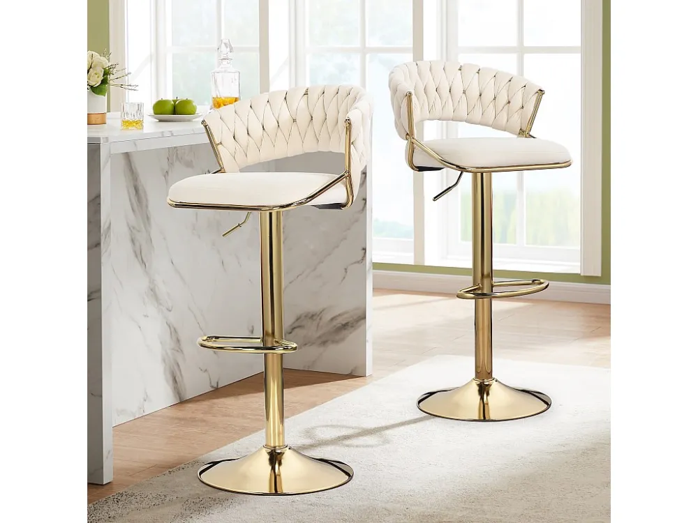 Set van 2 fluwelen barkrukken barstoel met gouden poten, ergonomisch ontwerp, voor restaurants, cafés, bar, beige