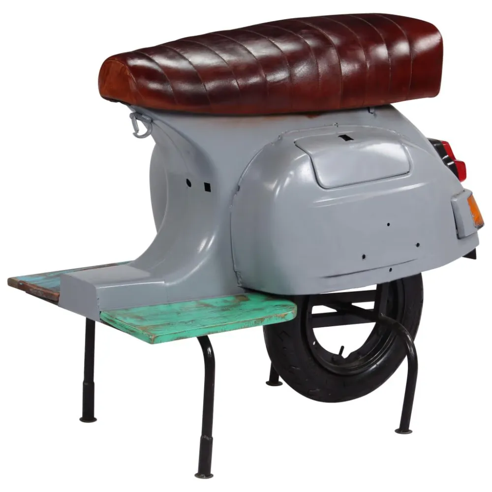 Barkruk scooter echt leer en massief gerecycled hout grijs
