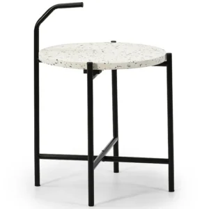 Bijzettafel Yala, ronde terrazzo blad het wit en zwarte metalen poten. VS Venta-stock