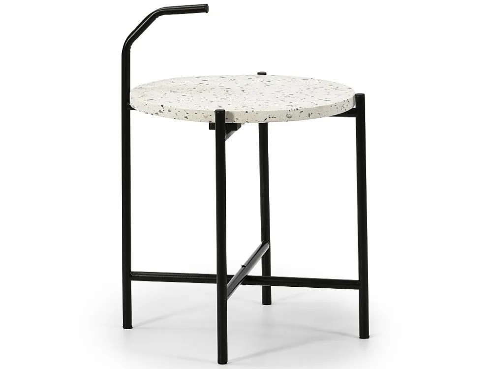 Bijzettafel Yala, ronde terrazzo blad het wit en zwarte metalen poten. VS Venta-stock