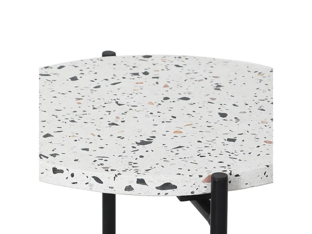 Bijzettafel Yala, ronde terrazzo blad het wit en zwarte metalen poten. VS Venta-stock