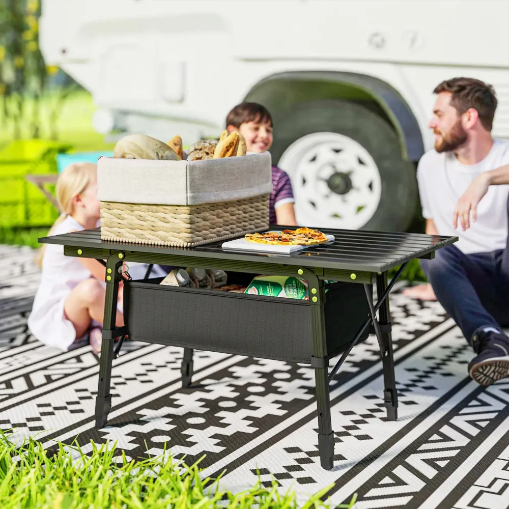Nancy's Cattolica Picknicktafel - Campingtafel - Met Opbergruimte - Hoogte Verstelbaar - Zwart - ± 90 x 55 x 45-66 cm Aosom