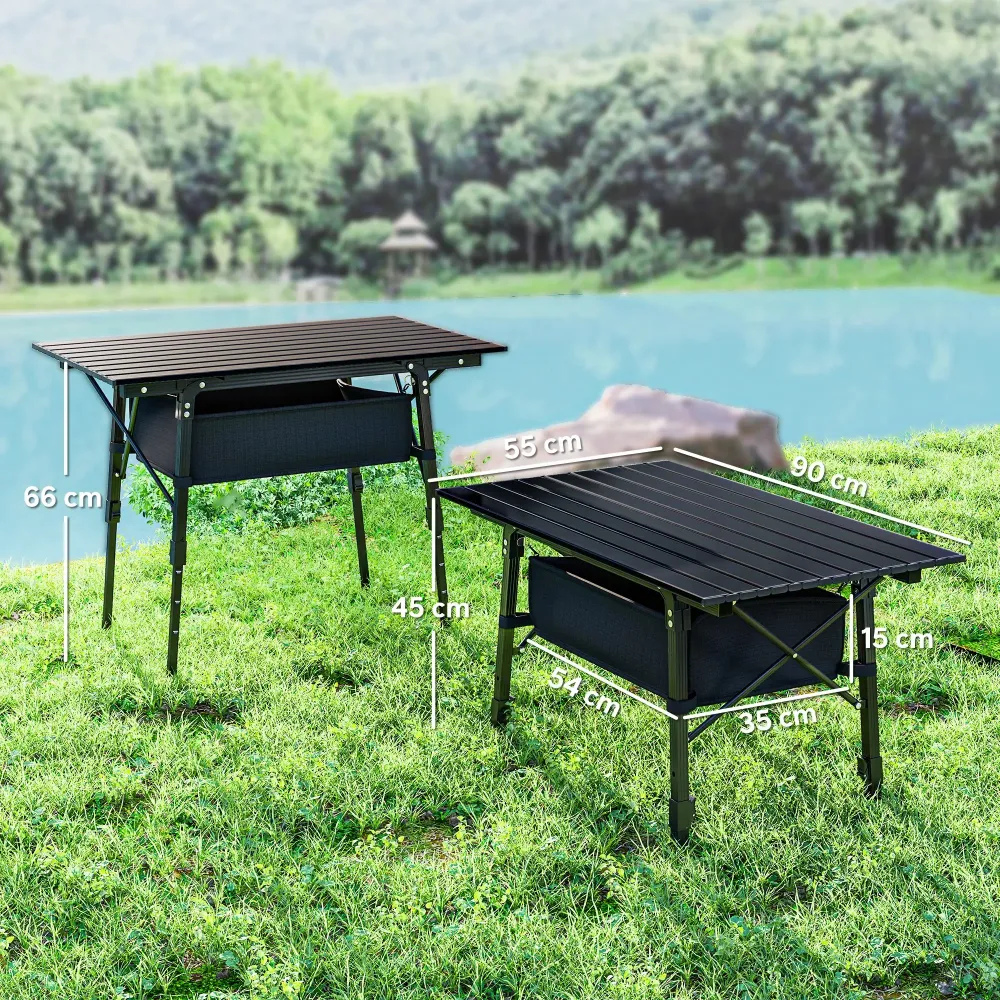 Nancy's Cattolica Picknicktafel - Campingtafel - Met Opbergruimte - Hoogte Verstelbaar - Zwart - ± 90 x 55 x 45-66 cm Aosom