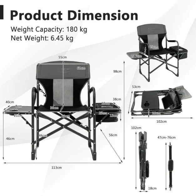 Nancy's Concelho Campingstoel met Zijtafel - Kampeerstoel - Klapstoel - Zwart / Grijs Costway