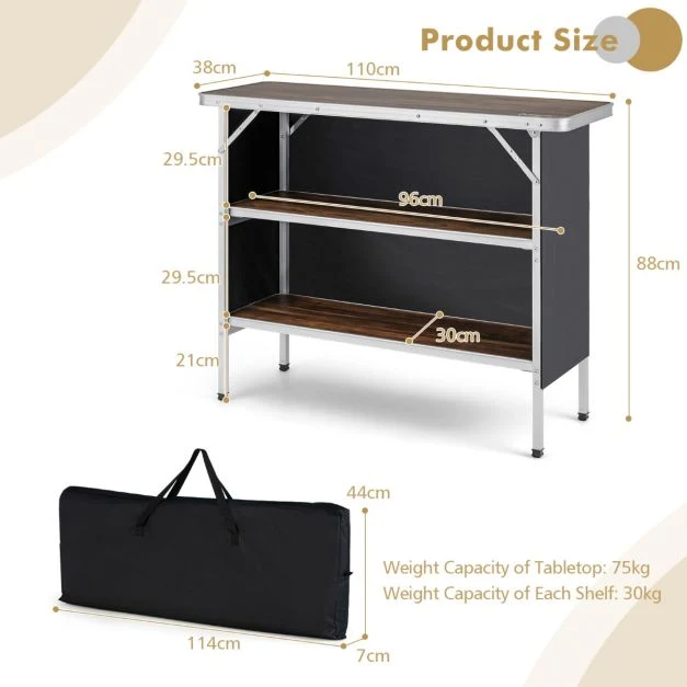 Nancy's Runa Campingtafel - Kampeertafel - Opvouwbaar - Koffie / Zwart - ± 110 x 40 x 90 cm Costway