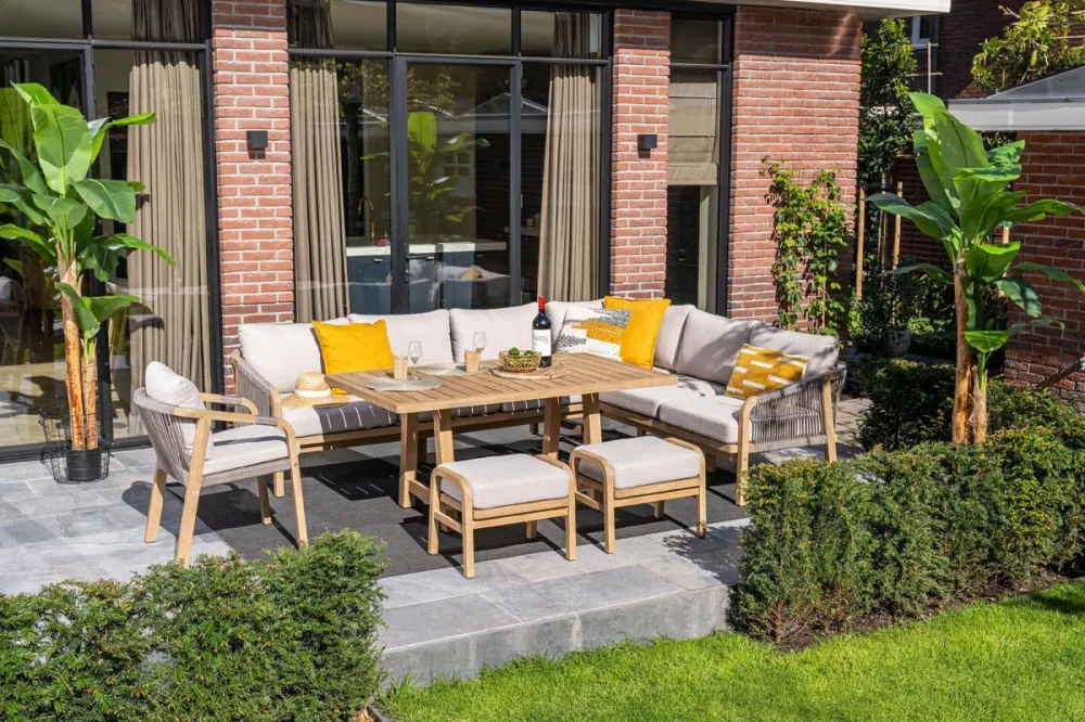 Santos lounge-diningset - 5-dlg.-rechts-acaciahout met white wash-sand Garden Impressions