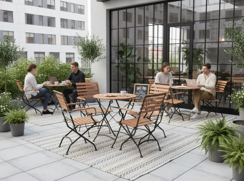 MaximaVida inklapbare ronde acacia bistroset Toscana 70 cm zwart- stoelen met armleuning