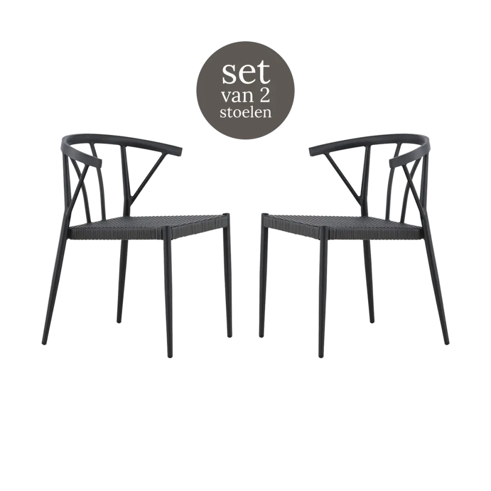 Nest outdoor Julian aluminium tuinstoel zwart - met rattan zitting - set van 2