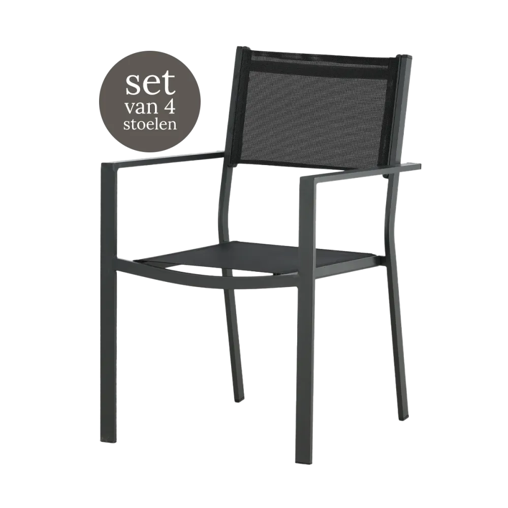 Nest outdoor Narda aluminium tuinstoel zwart - met armleuningen - set van 4