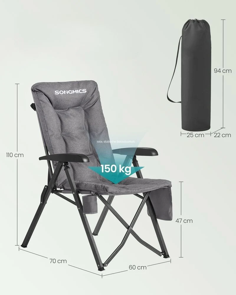 Nancy's Rovetta Campingstoel - Kampeerstoel - Verstelbaar - Opvouwbaar - Grijs Songmics