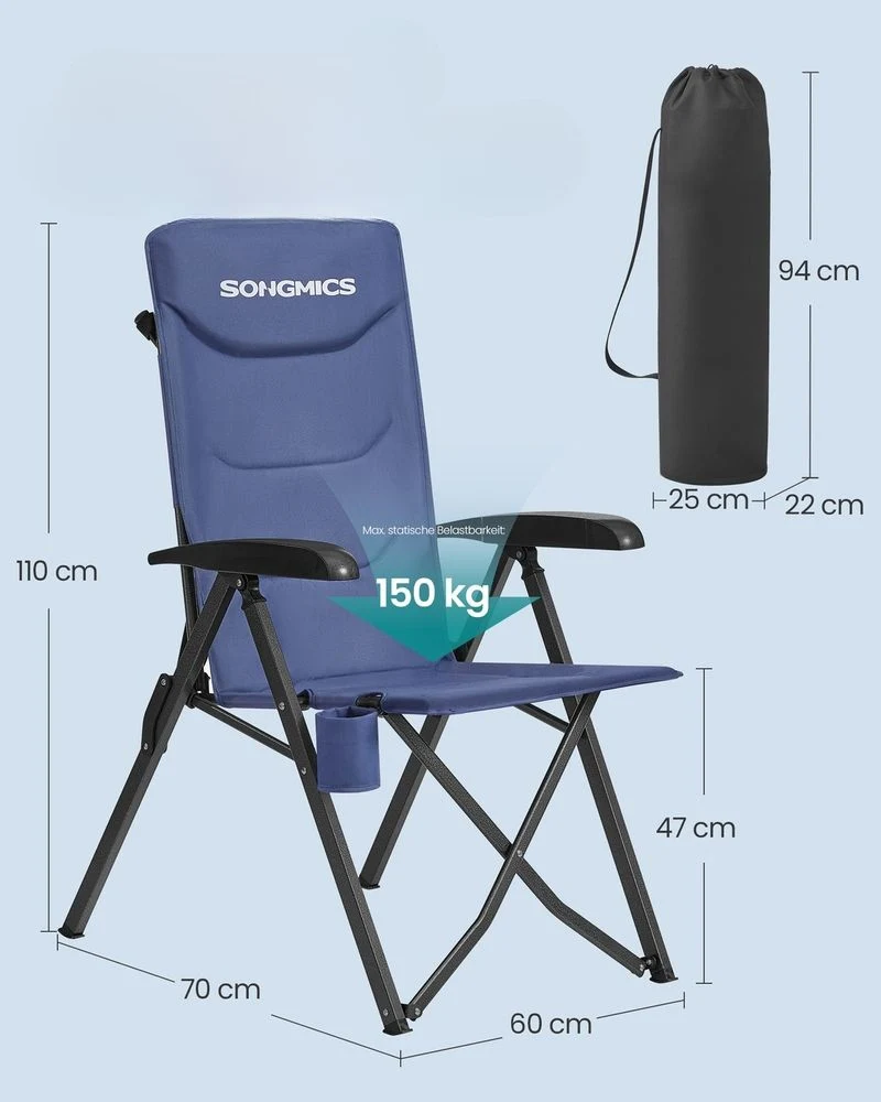 Nancy's Rovolon Campingstoel - Kampeerstoel - Met bekerhouder - Verstelbaar - Blauw Songmics