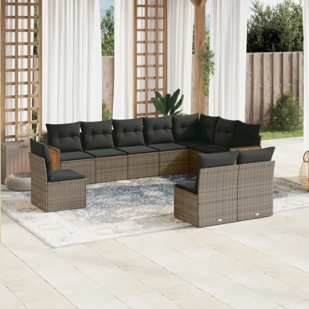 10-delige Loungeset met kussens poly rattan grijs vidaXL