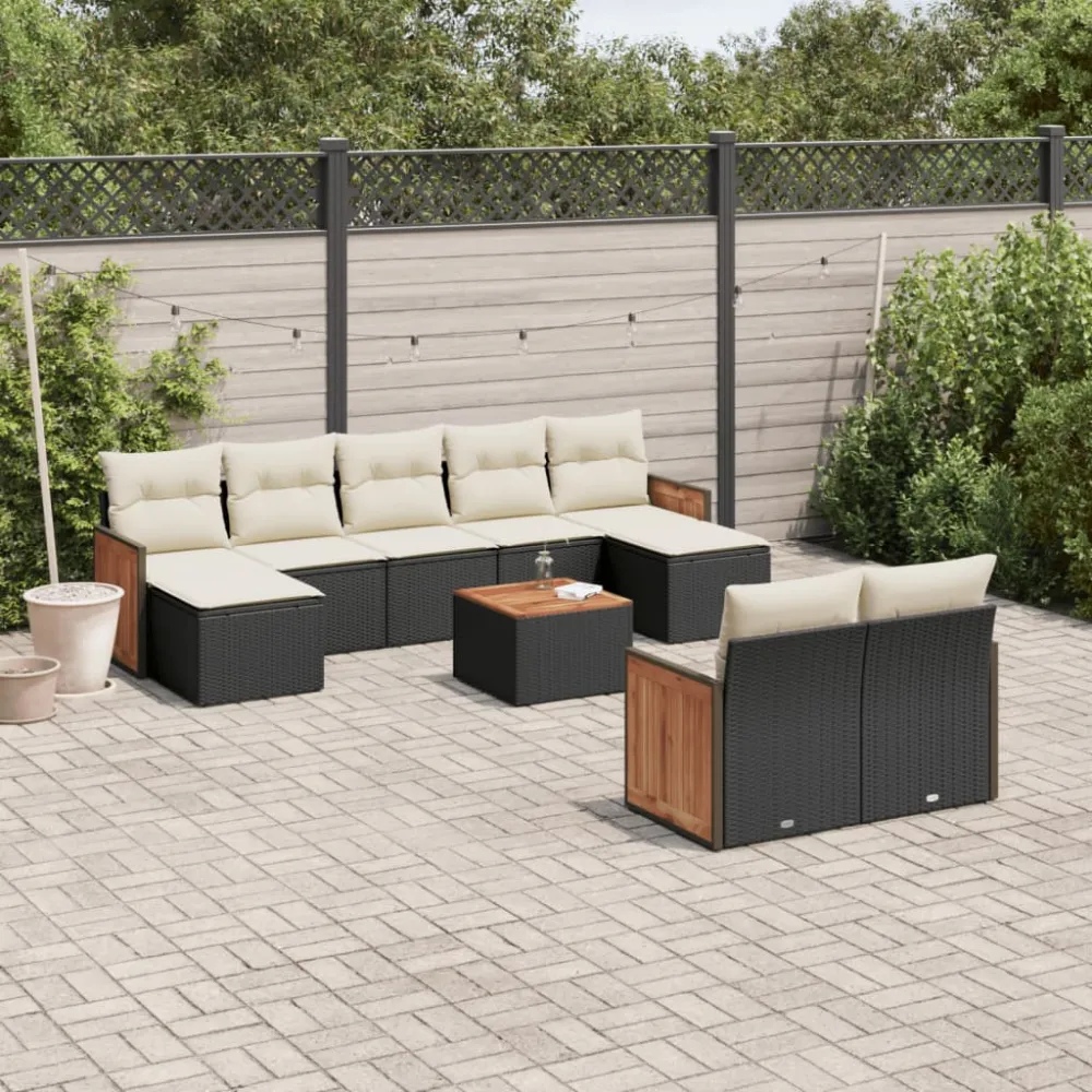 10-delige Loungeset met kussens poly rattan zwart vidaXL