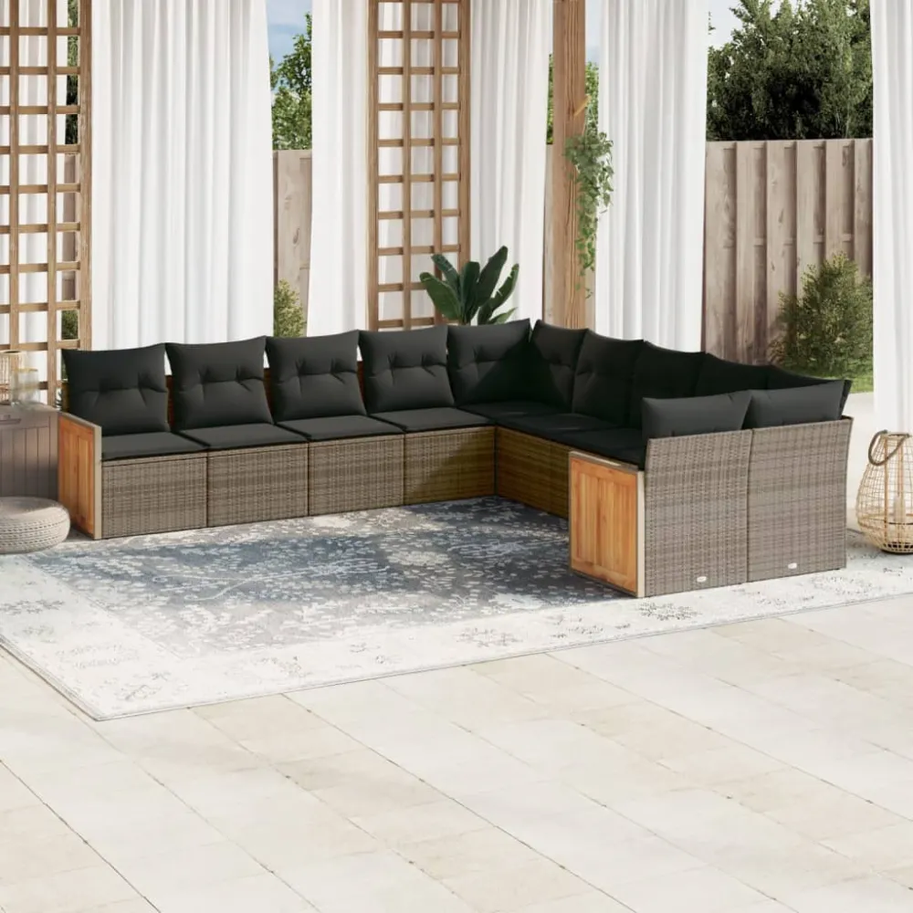 10-delige Loungeset met kussens poly rattan grijs vidaXL