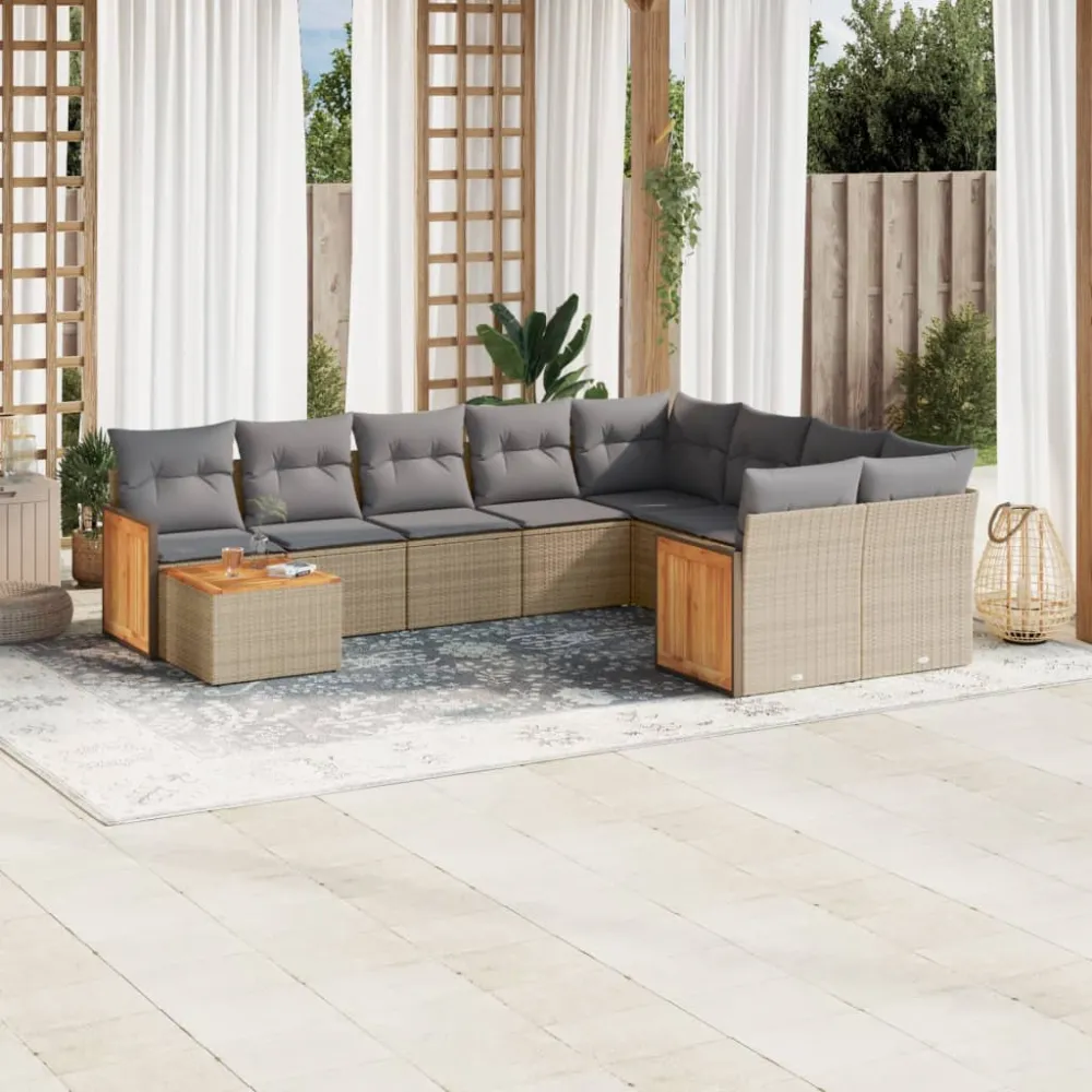 10-delige Loungeset met kussens poly rattan beige vidaXL