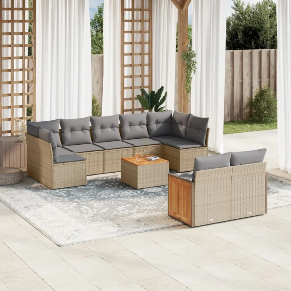 10-delige Loungeset met kussens poly rattan beige vidaXL