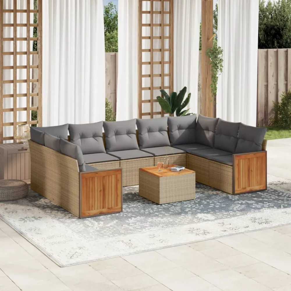 10-delige Loungeset met kussens poly rattan beige vidaXL