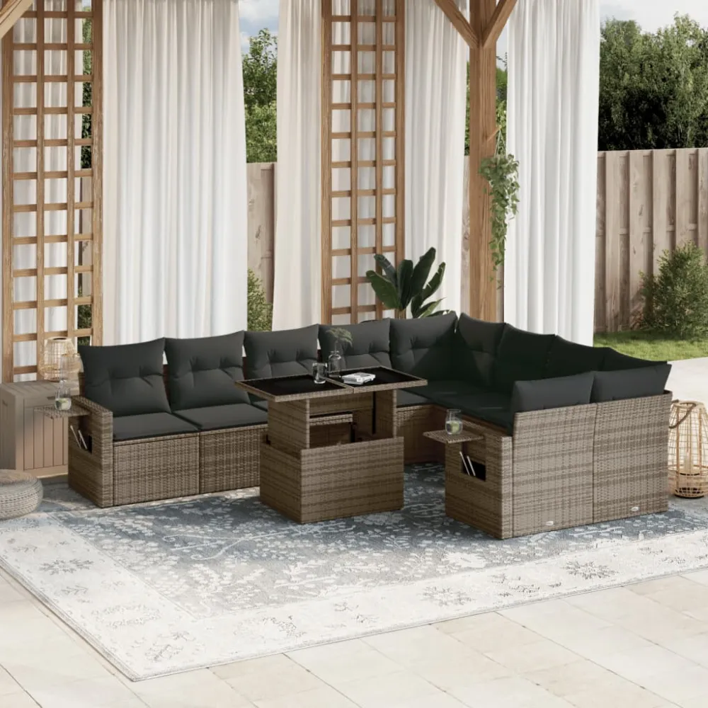 10-delige Loungeset met kussens poly rattan grijs vidaXL