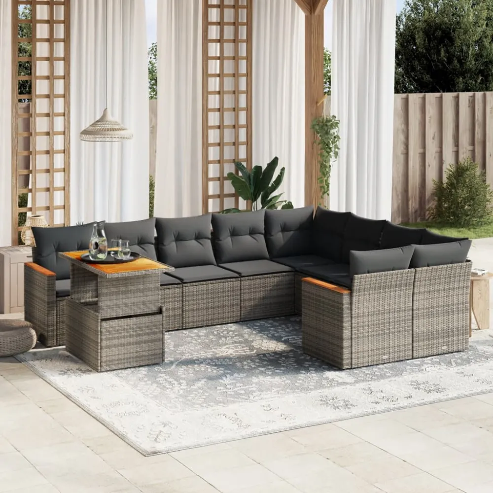 10-delige Loungeset met kussens poly rattan grijs vidaXL