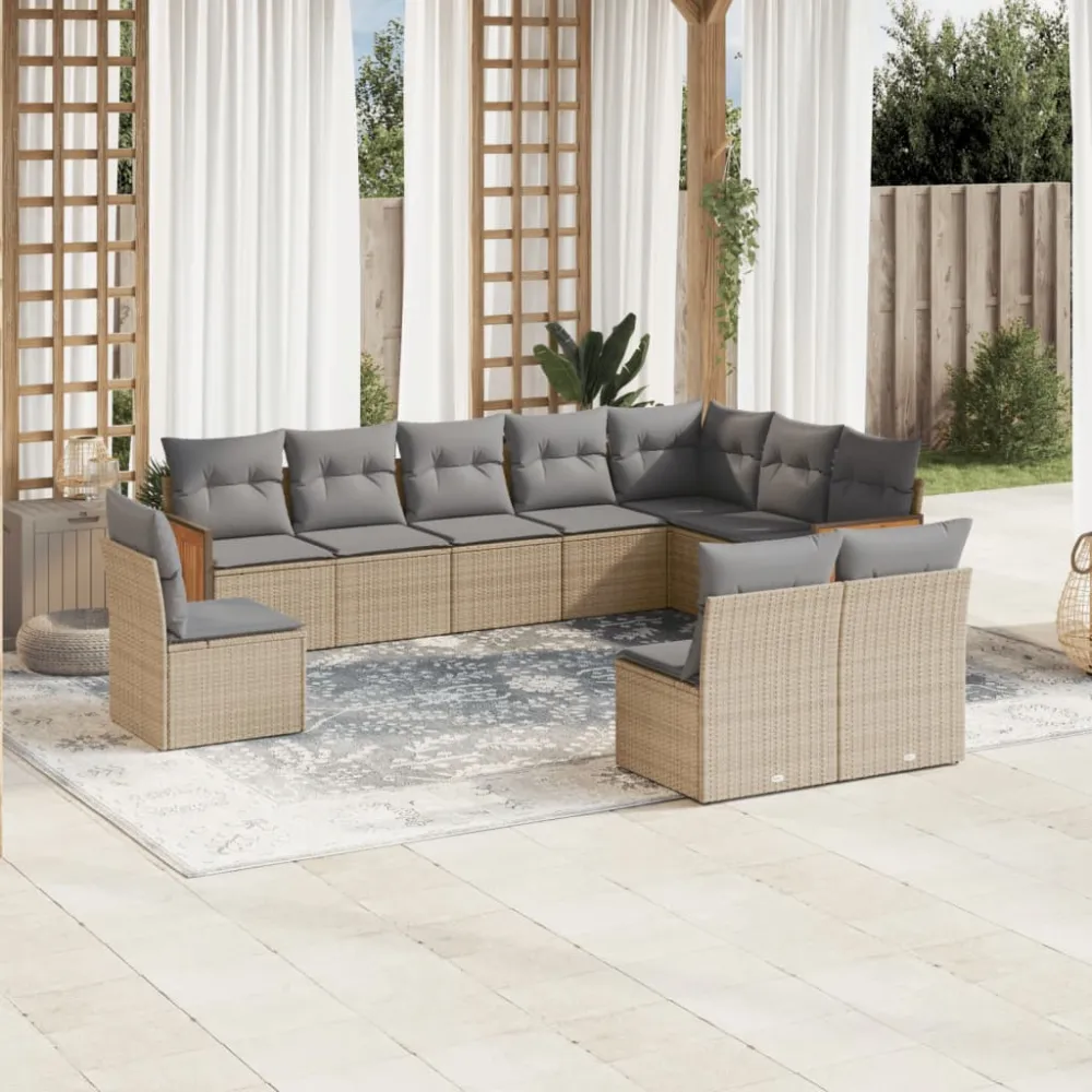 10-delige Loungeset met kussens poly rattan beige vidaXL