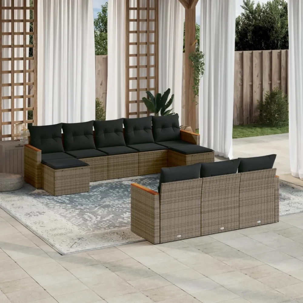 10-delige Loungeset met kussens poly rattan grijs vidaXL