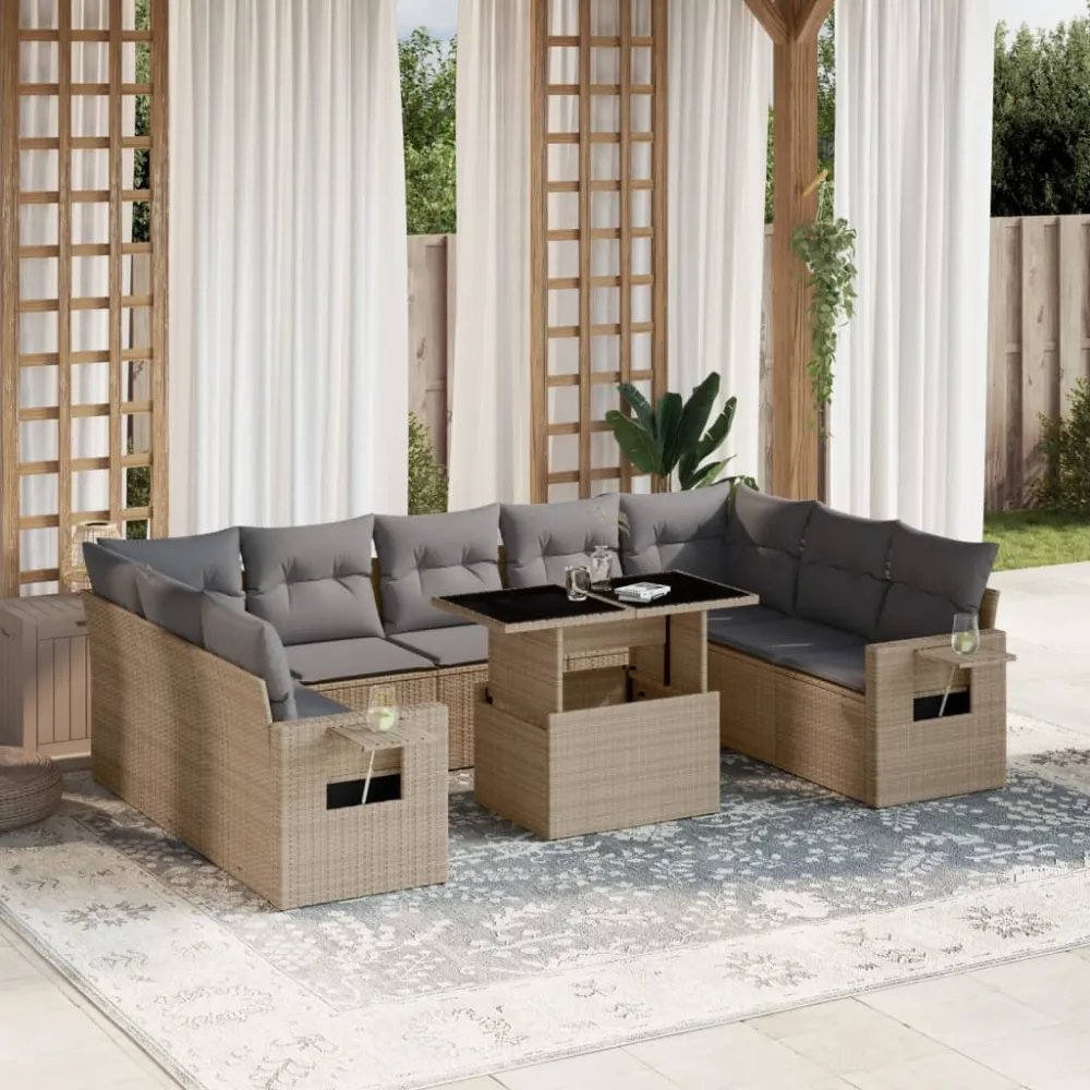 10-delige Loungeset met kussens poly rattan beige vidaXL