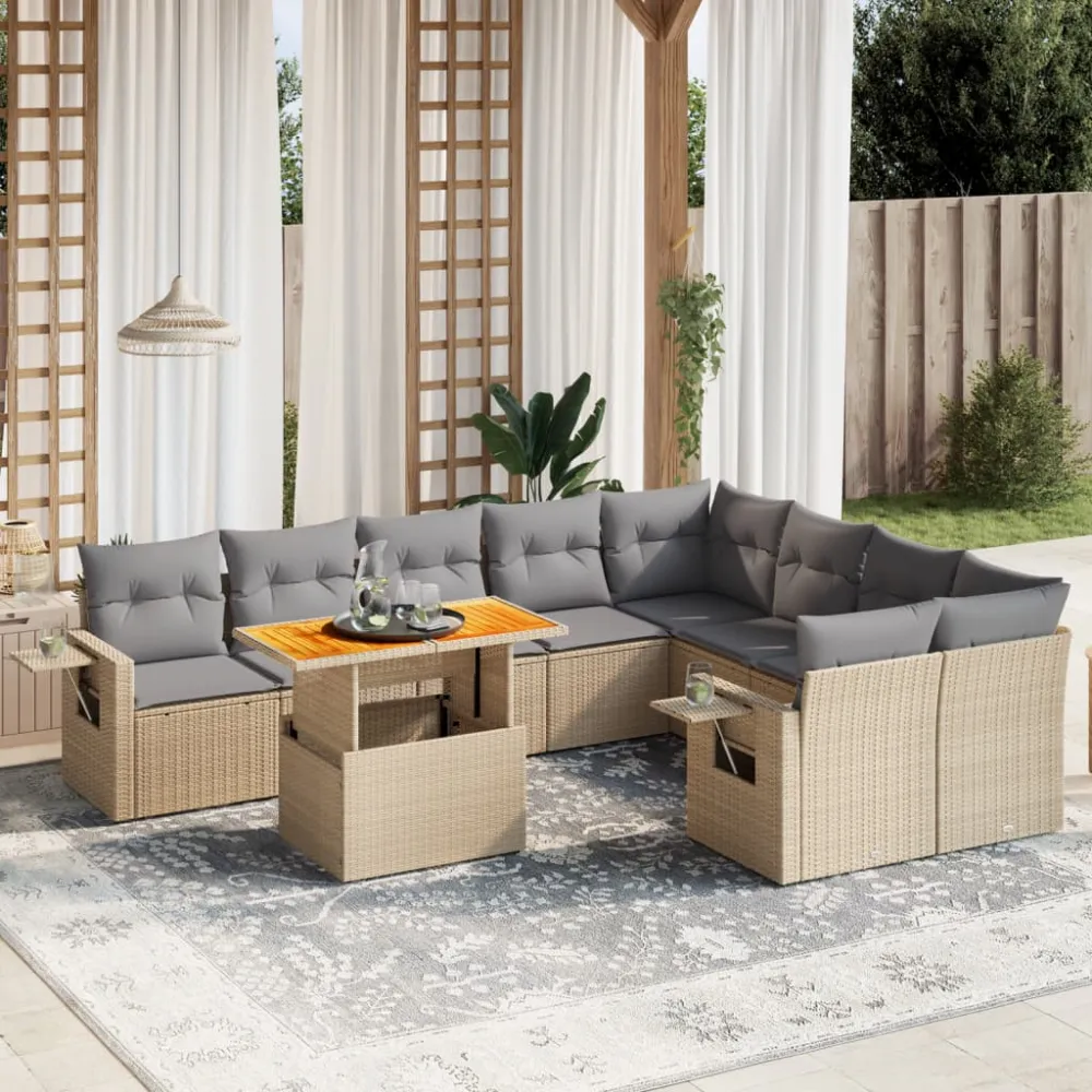 10-delige Loungeset met kussens poly rattan beige vidaXL