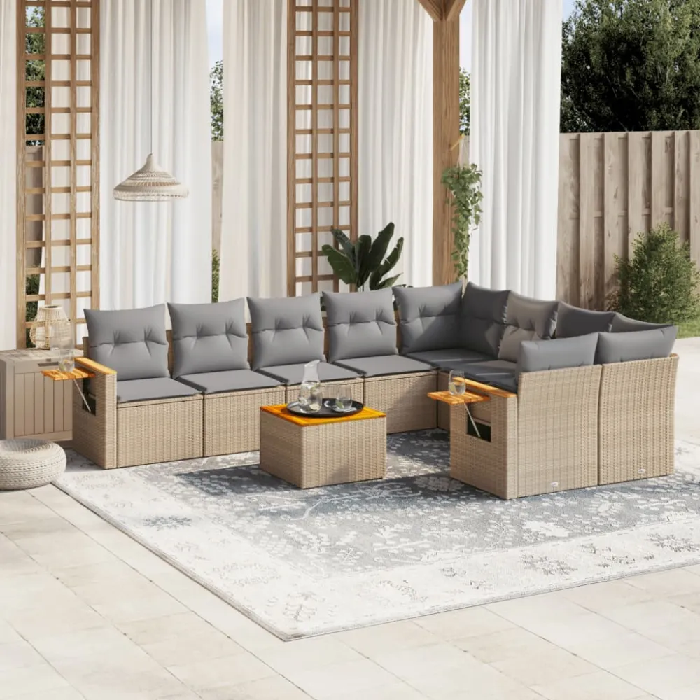 10-delige Loungeset met kussens poly rattan beige vidaXL