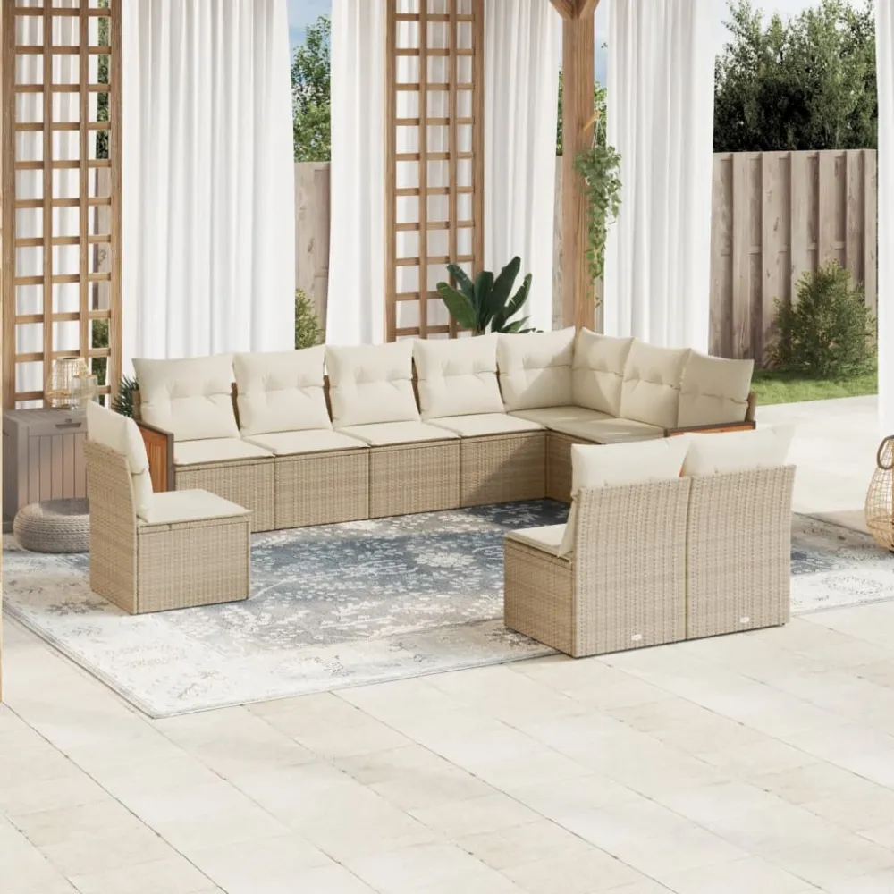 10-delige Loungeset met kussens poly rattan beige vidaXL