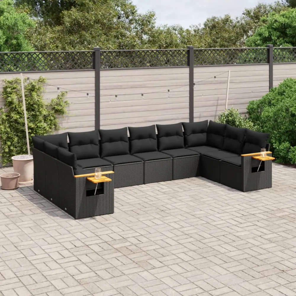 10-delige Loungeset met kussens poly rattan zwart vidaXL