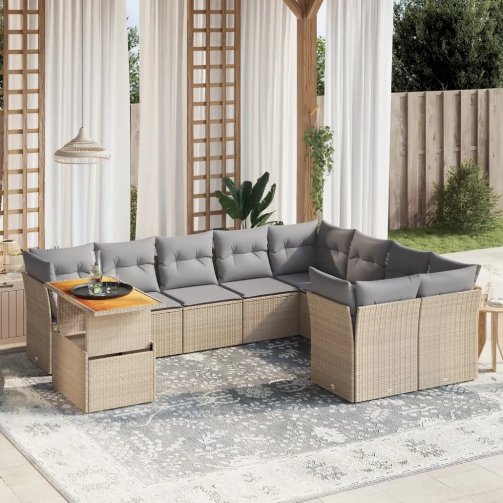 10-delige Loungeset met kussens poly rattan beige vidaXL