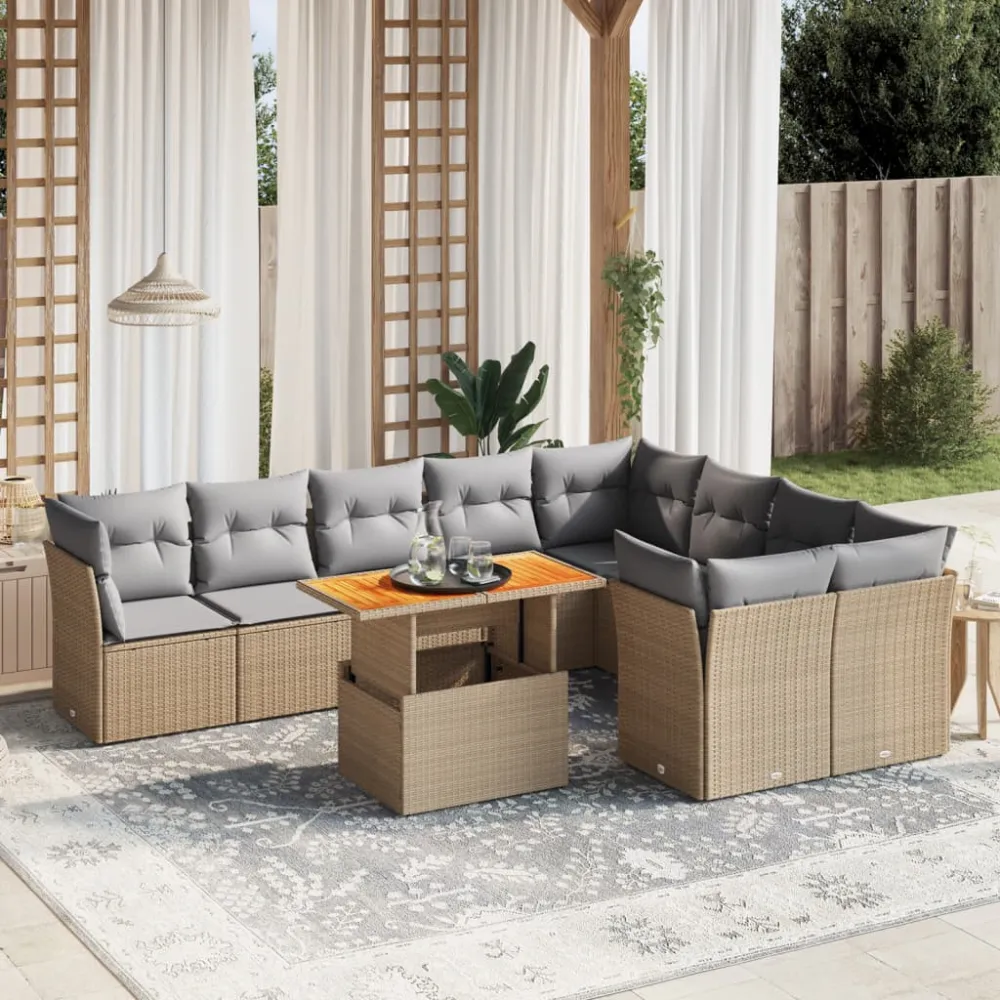 10-delige Loungeset met kussens poly rattan beige vidaXL