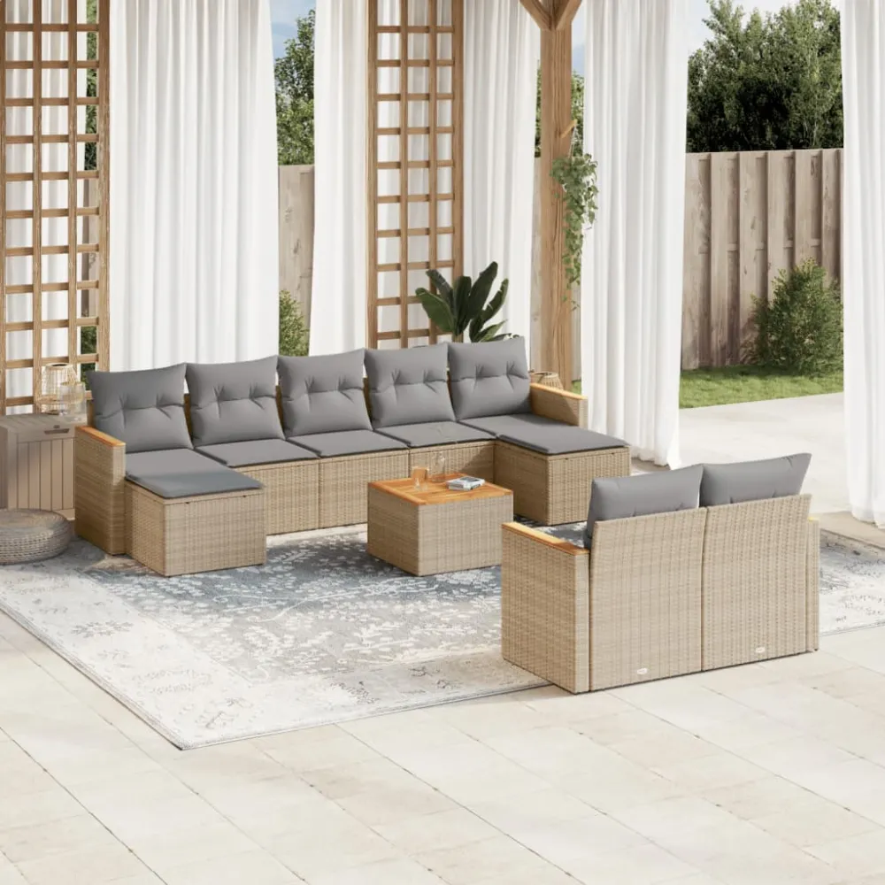 10-delige Loungeset met kussens poly rattan gemengd beige vidaXL