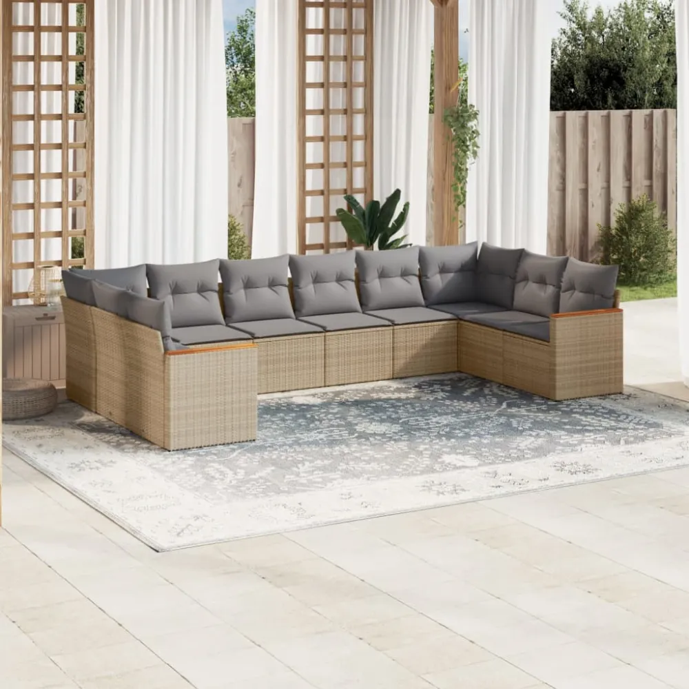 10-delige Loungeset met kussens poly rattan gemengd beige vidaXL