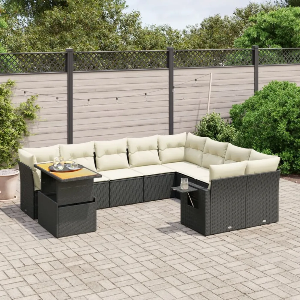 10-delige Loungeset met kussens poly rattan zwart vidaXL