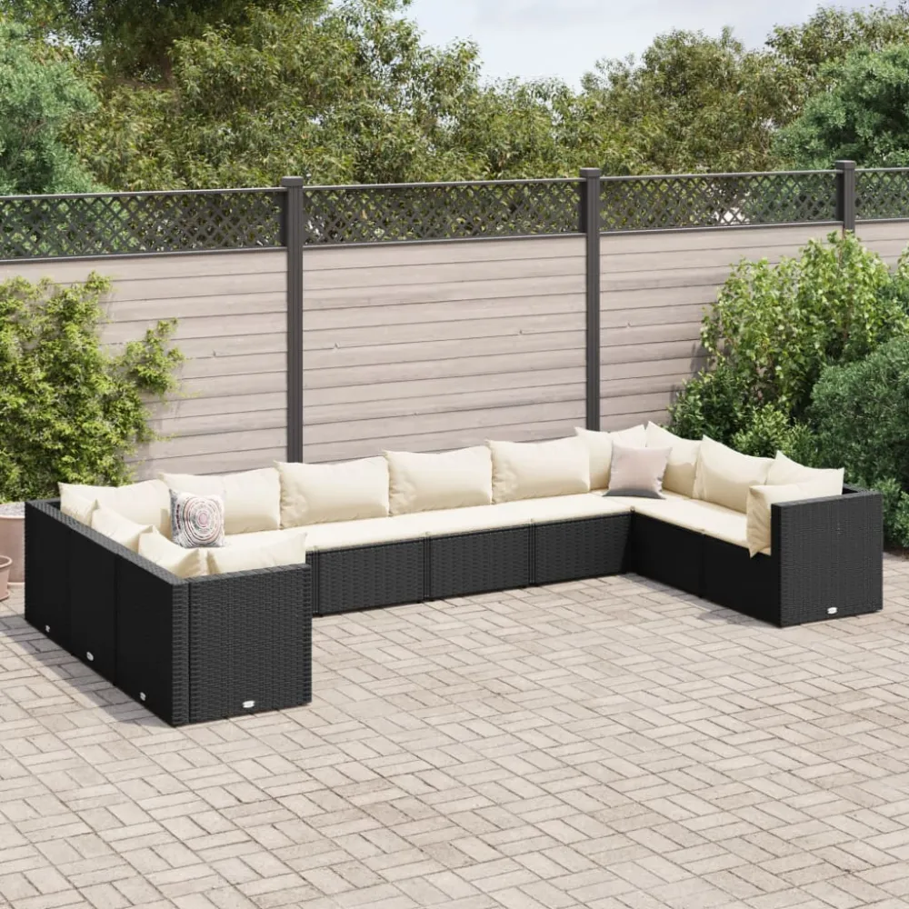 10-delige Loungeset met kussens poly rattan zwart vidaXL