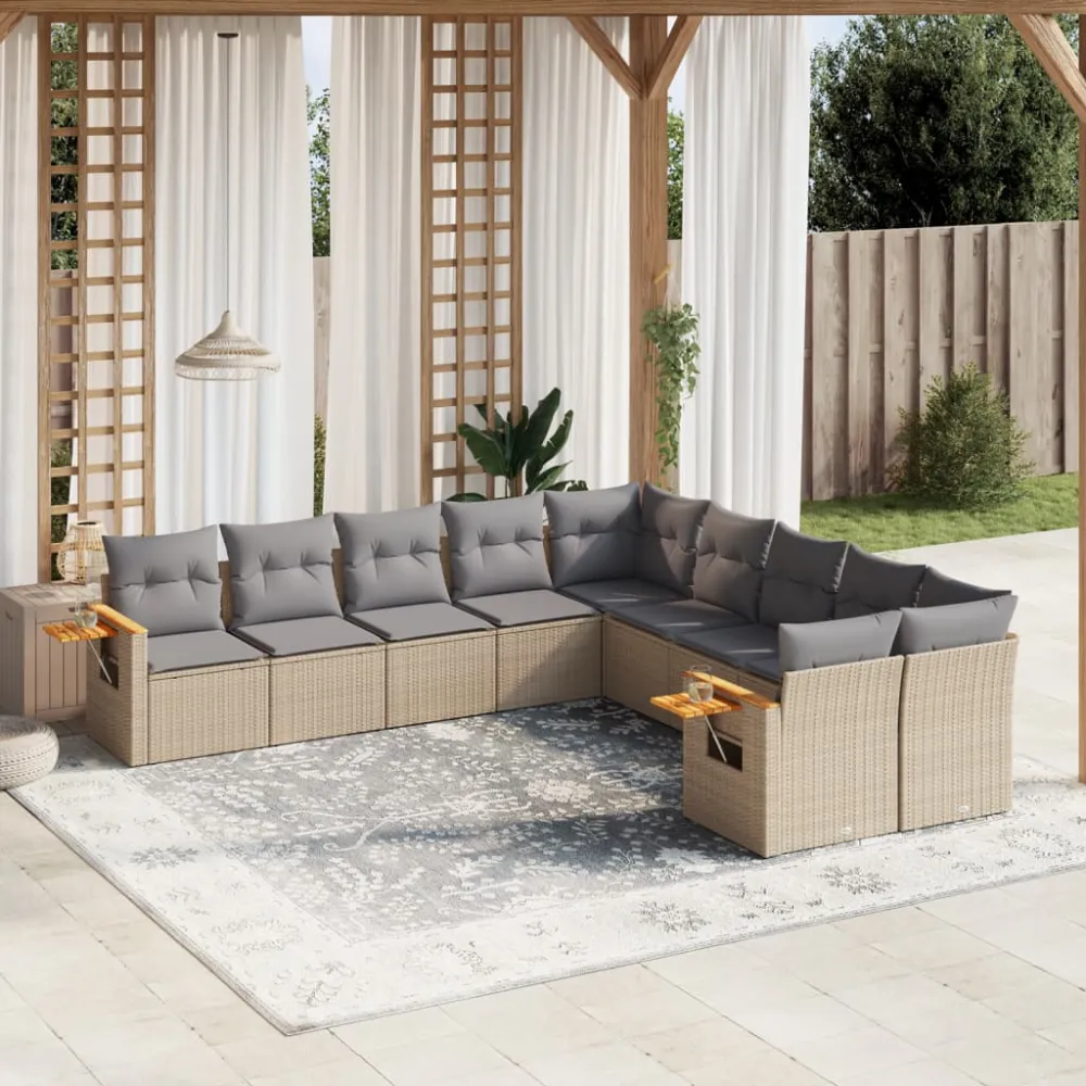 10-delige Loungeset met kussens poly rattan beige vidaXL
