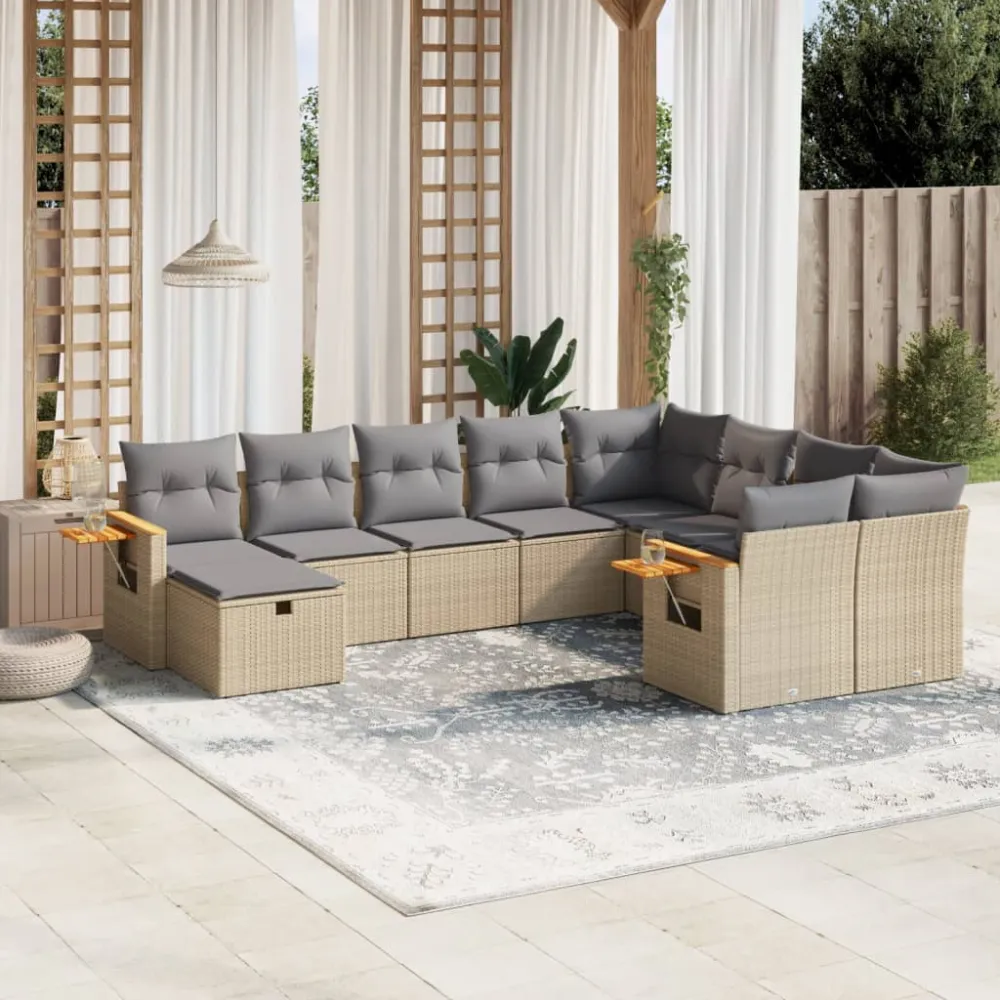10-delige Loungeset met kussens poly rattan beige vidaXL