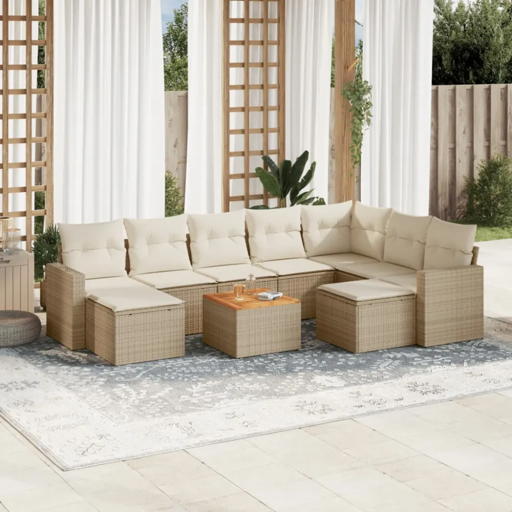 10-delige Loungeset met kussens poly rattan beige vidaXL
