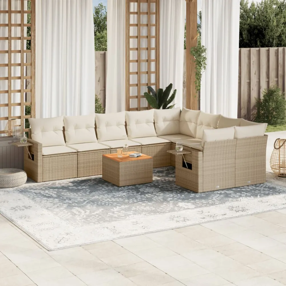 10-delige Loungeset met kussens poly rattan beige vidaXL