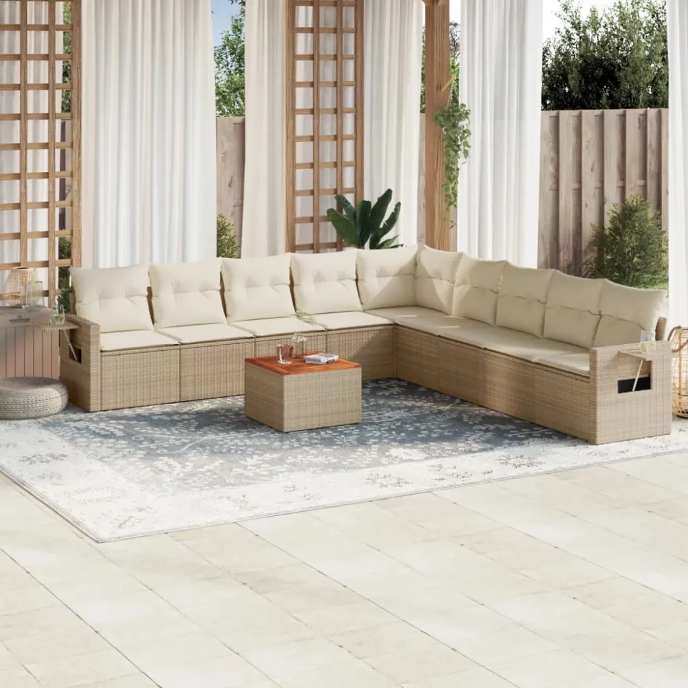 10-delige Loungeset met kussens poly rattan beige vidaXL