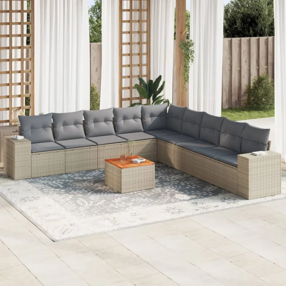 10-delige Loungeset met kussens poly rattan beige vidaXL