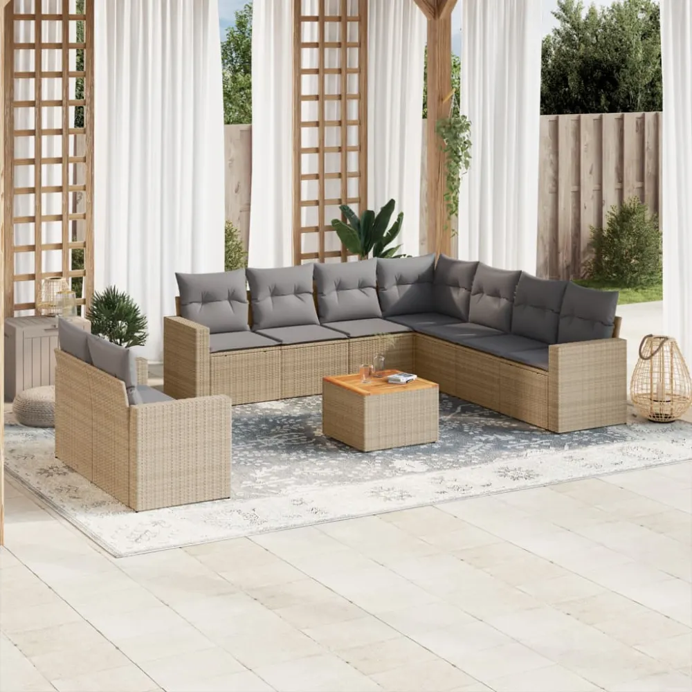 10-delige Loungeset met kussens poly rattan beige vidaXL